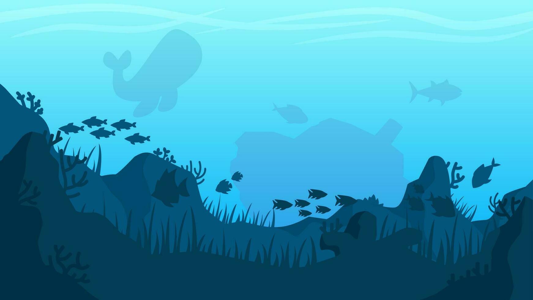 vector illustratie van onderwater- met koraal rif, vis en schipbreuk. oceaan bodem van zee wereld dieren in het wild. onderwater- landschap voor achtergrond, behang of landen bladzijde. diep zee silhouet vector