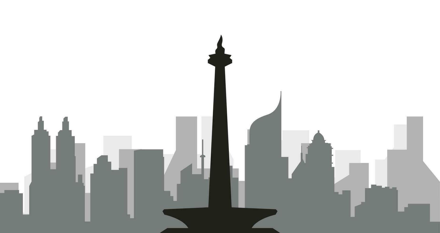 monas silhouet en stadsgezicht van Jakarta Indonesië. panorama visie van Jakarta stad, nkri horizon met wereld beroemd oriëntatiepunten in vlak ontwerp stijl vector illustratie. eps 10.