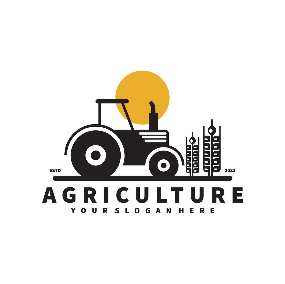 trekker logo voor landbouw, agronomie, tarwe landbouw, landelijk landbouw velden, natuurlijk oogst. boerderij trekker vector ontwerp