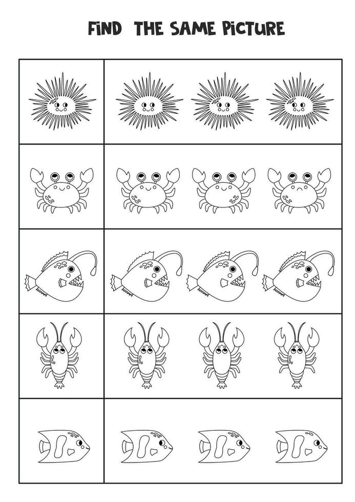 vind twee de dezelfde zee dieren. zwart en wit werkblad. vector