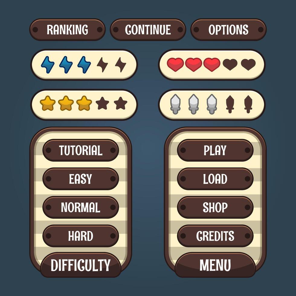 vector spel sjabloon gui kit. game grafische gebruikersinterface gui voor het bouwen van web- en mobiele games en apps.