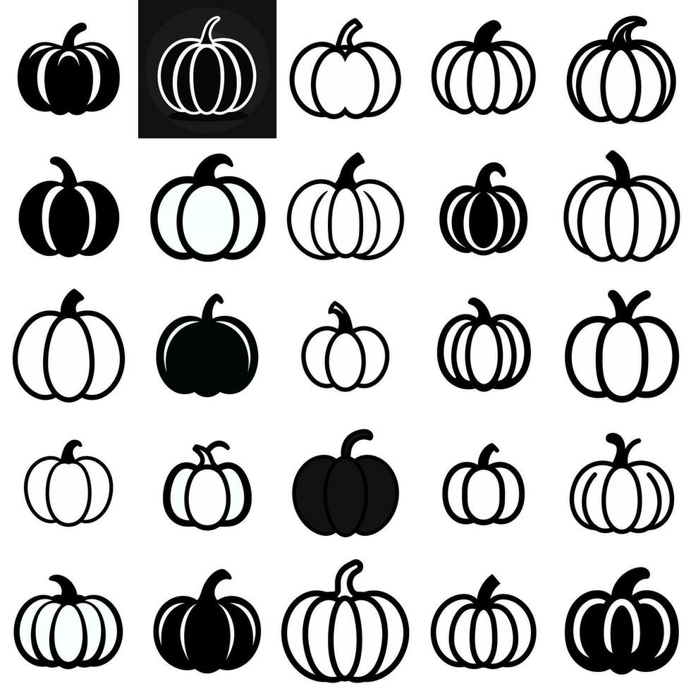 zwart en wit pompoen icoon reeks voor halloween en herfst thema's vector