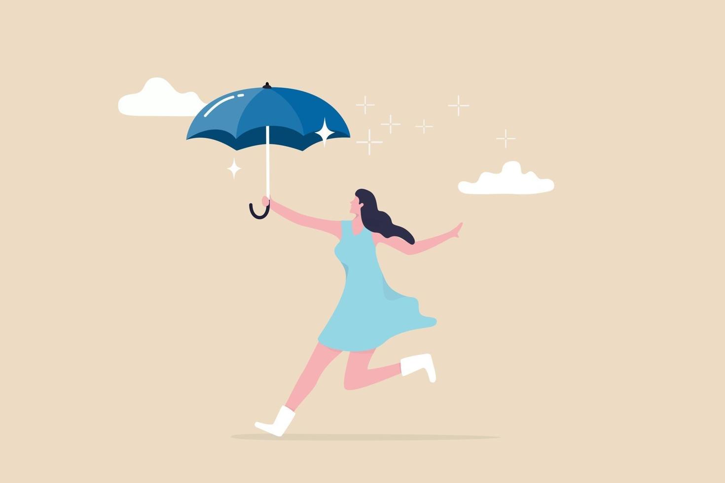 omarm geluk en positief denken, bescherming tegen depressie of angst, vrouwenwelzijn en levensstijlconcept, schattige jonge volwassen gelukkige dame met paraplu die danst in de regenende wolk. vector