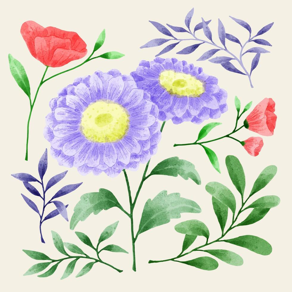 een set bloemen geschilderd in aquarel voor verschillende kaarten en wenskaarten. vector