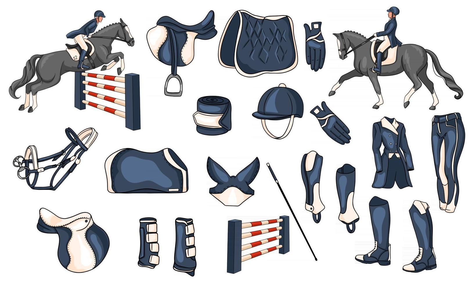 grote set uitrusting voor de ruiter en munitie voor de ruiter op paardillustratie in cartoonstijl vector