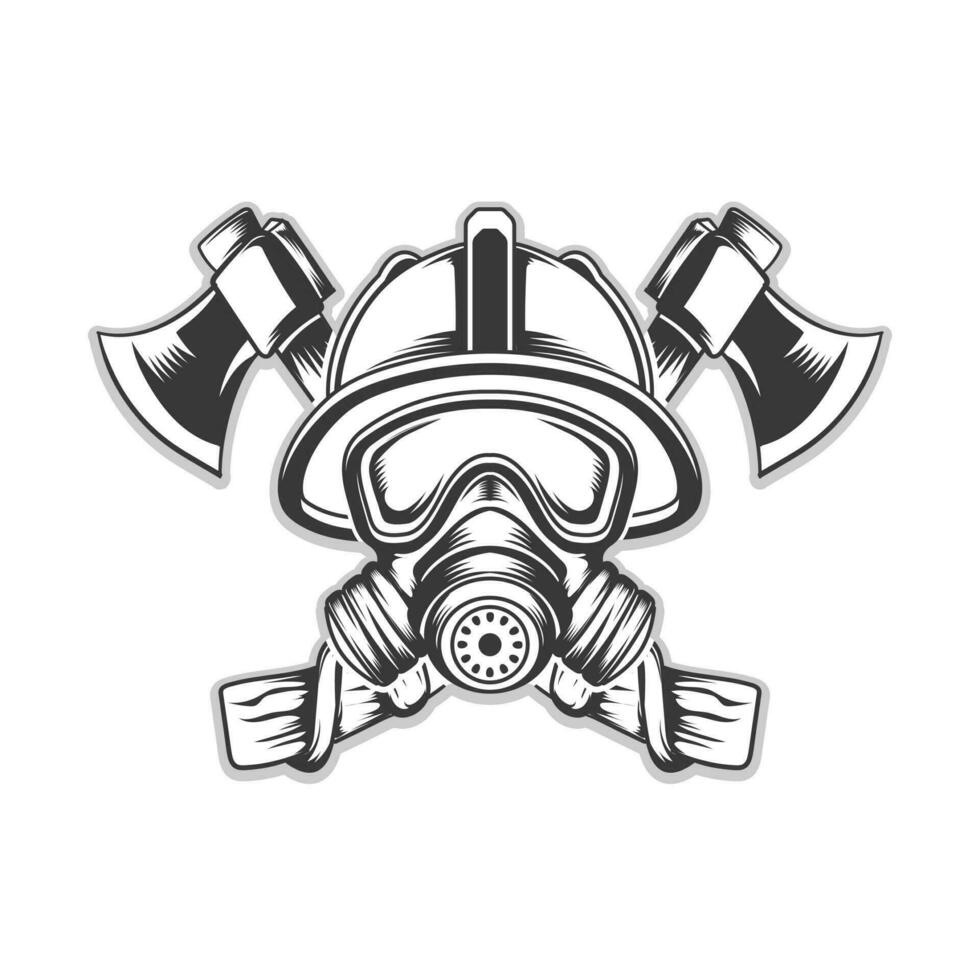 brandweerman masker met helm achtergrond bijl vector ontwerp illustratie zwart en wit grafisch bundel