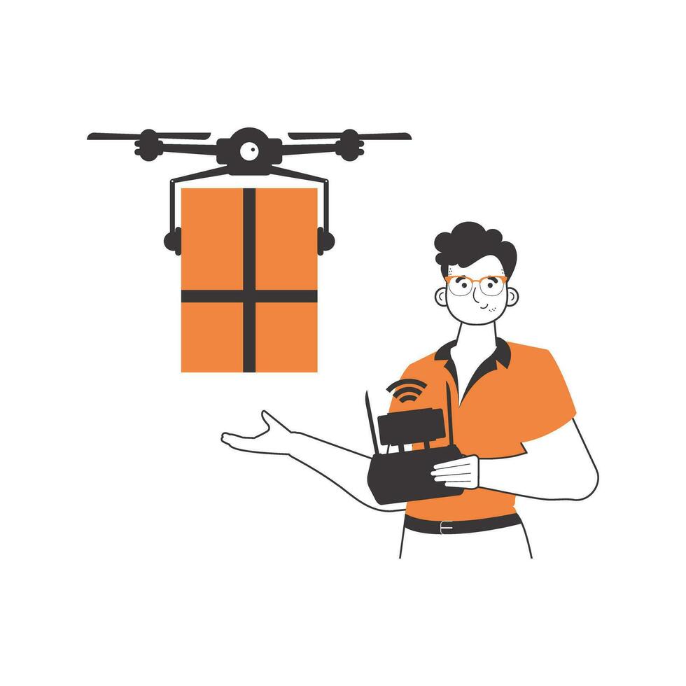 een Mens levert een pakket door drone. dar levering concept. lineair modern stijl. geïsoleerd Aan wit achtergrond. vector illustratie.