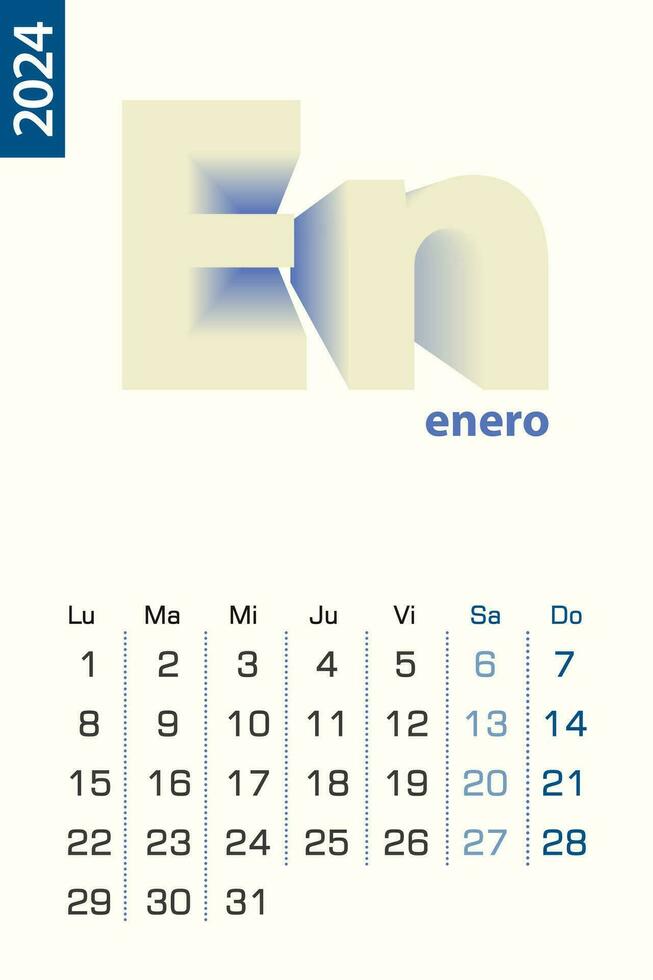 minimalistische kalender sjabloon voor januari 2024, vector kalender in Spaans taal