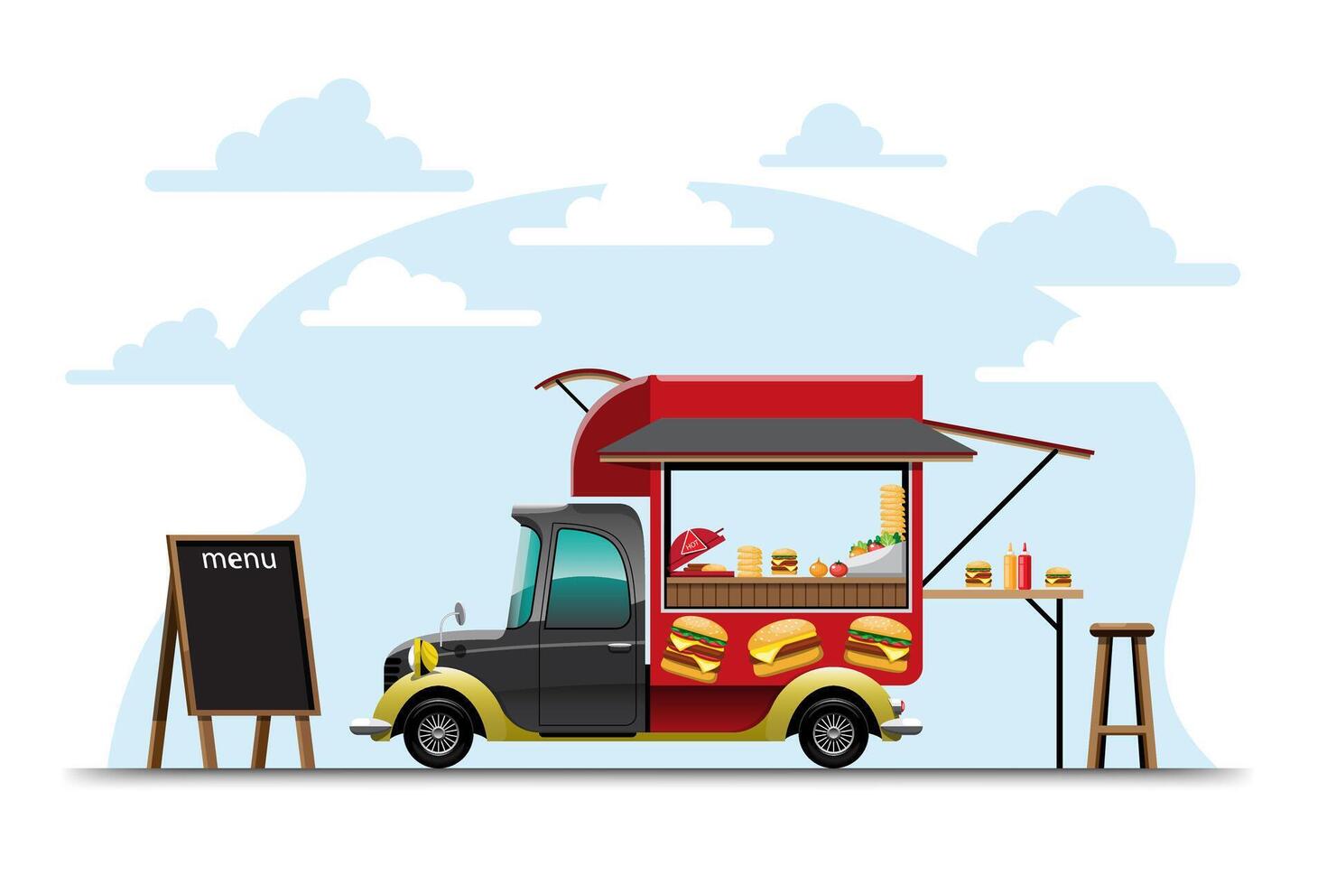 food truck met hamburger winkel tekening vector