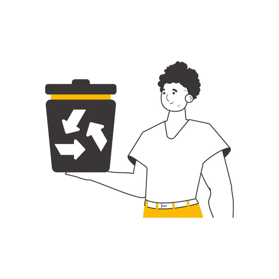 een Mens is Holding een uitschot kan. de concept van recycling plastic en afval. lineair stijl. geïsoleerd Aan wit achtergrond. vector illustratie.