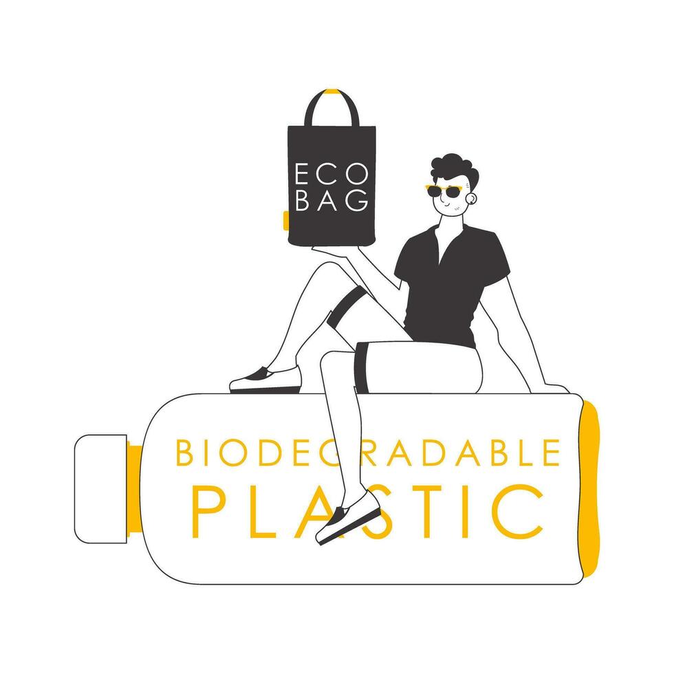 de vent is Holding een eco pakket in zijn handen. de concept van ecologisch Tassen en plastic. lijn kunst stijl. vector