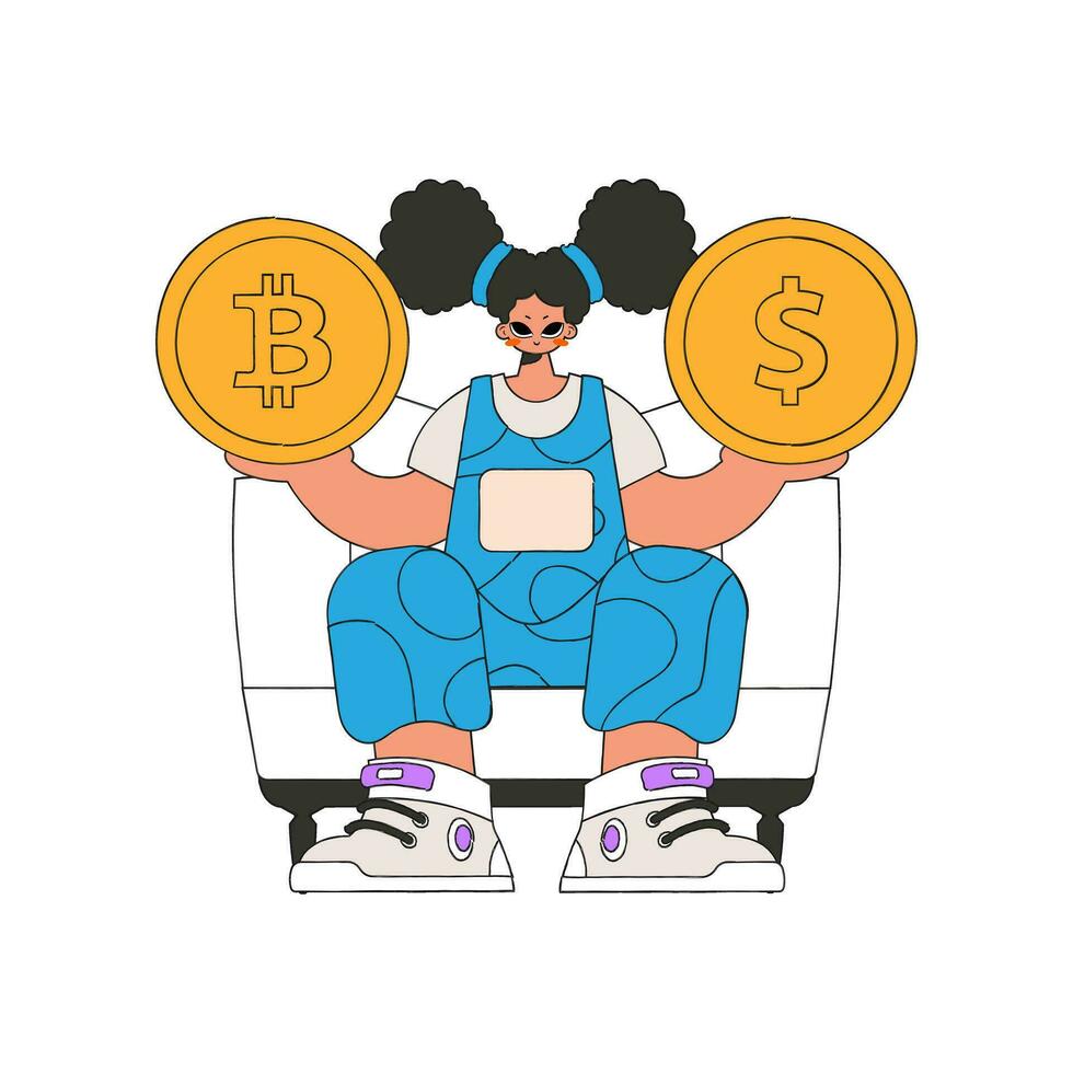 een vrouw houdt een munt van bitcoin en dollar in haar handen. karakter modieus stijl. vector