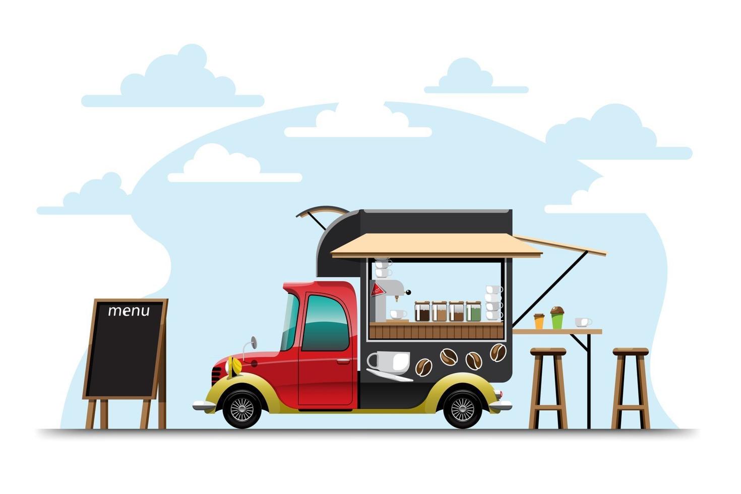 de food truck zijaanzicht menu koffie houten stoel vector