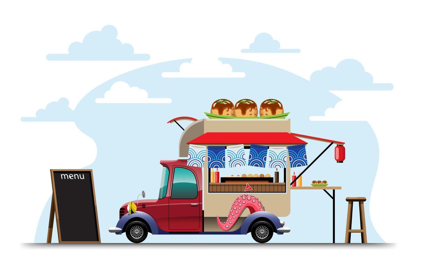 food truck met takoyaki winkel japanse decoratie vector