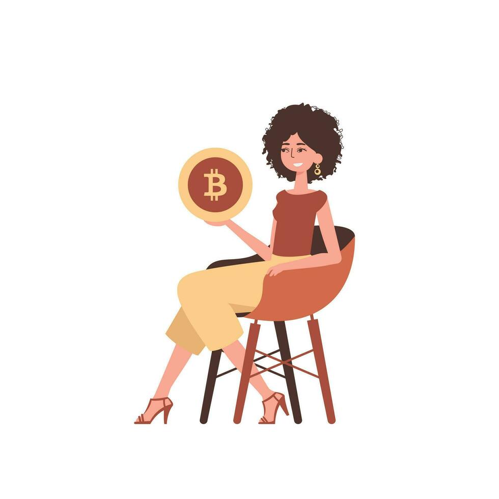 een vrouw zit in een stoel en houdt een bitcoin in de het formulier van een munt in haar handen. karakter in modieus stijl. vector
