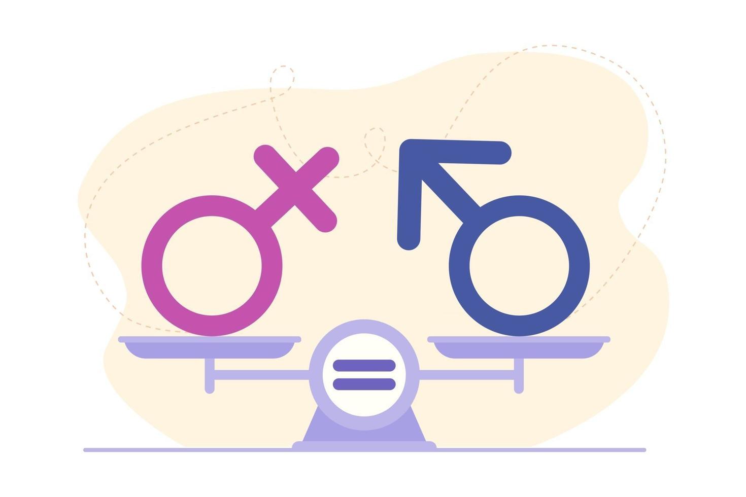 gendergelijkheid concept. mannelijk en vrouwelijk geslachtsteken op schalen. symbool van vertrouwen, teamwork, succes en prestatie. platte cartoon stijl illustratie. ontwerp voor bestemmingspagina, web, flyer vector