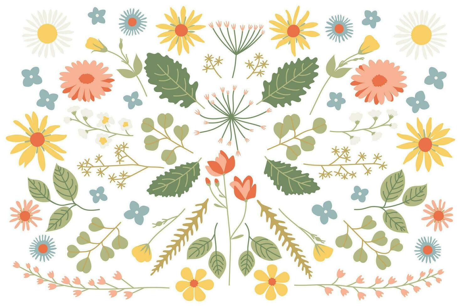 mooi herbarium reeks met wild bloemen en bladeren. gekleurd ornament Aan wit achtergrond. vlak stijl vector