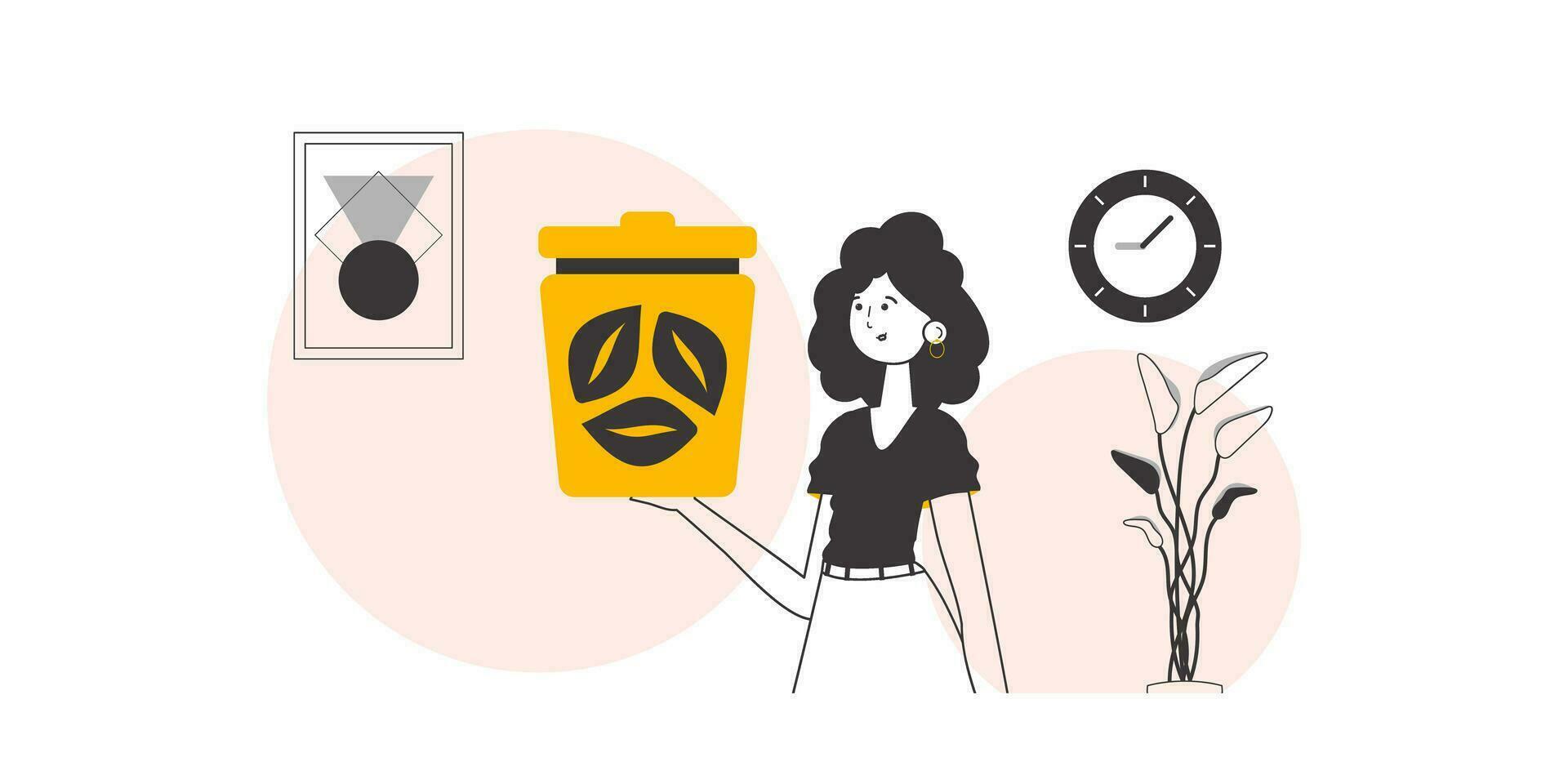 een vrouw is Holding een uitschot kan. verspilling recycling concept. lijn kunst stijl. vector