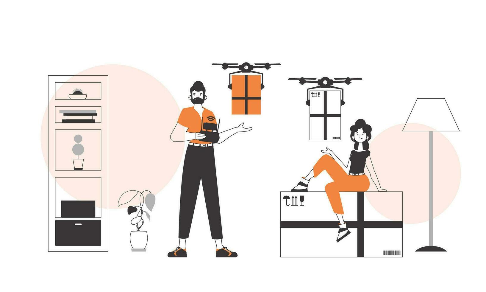 een Mens en een vrouw, de team levert de pakket door drone. de concept van lading levering door lucht. lineair modern stijl. vector
