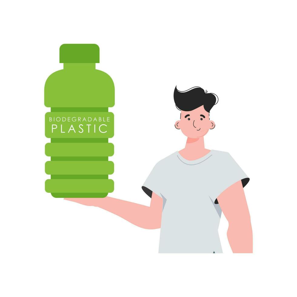 een Mens houdt een fles gemaakt van biologisch afbreekbaar plastic in zijn handen. concept van groen wereld en ecologie. geïsoleerd Aan wit achtergrond. mode neiging illustratie in vector. vector