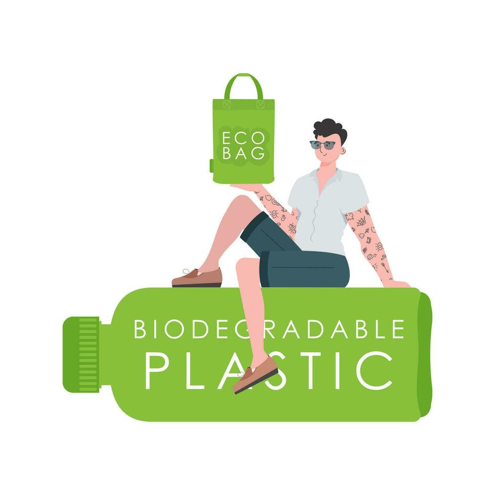 een Mens zit Aan een fles gemaakt van biologisch afbreekbaar plastic en houdt een eco zak in zijn handen. concept van groen wereld en ecologie. geïsoleerd Aan wit achtergrond. mode neiging vector illustratie.