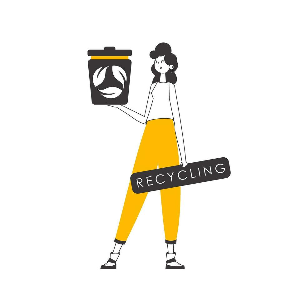 een vrouw is Holding een uitschot kan. de concept van recycling plastic en afval. lijn kunst modieus stijl. geïsoleerd Aan wit achtergrond. vector illustratie.