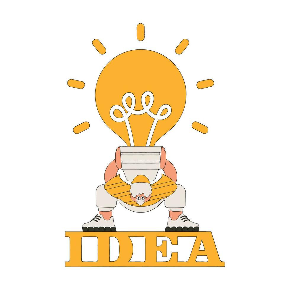 grappig illustratie Aan de thema van de idee. een Mens is Holding een zwaar groot licht lamp. vector