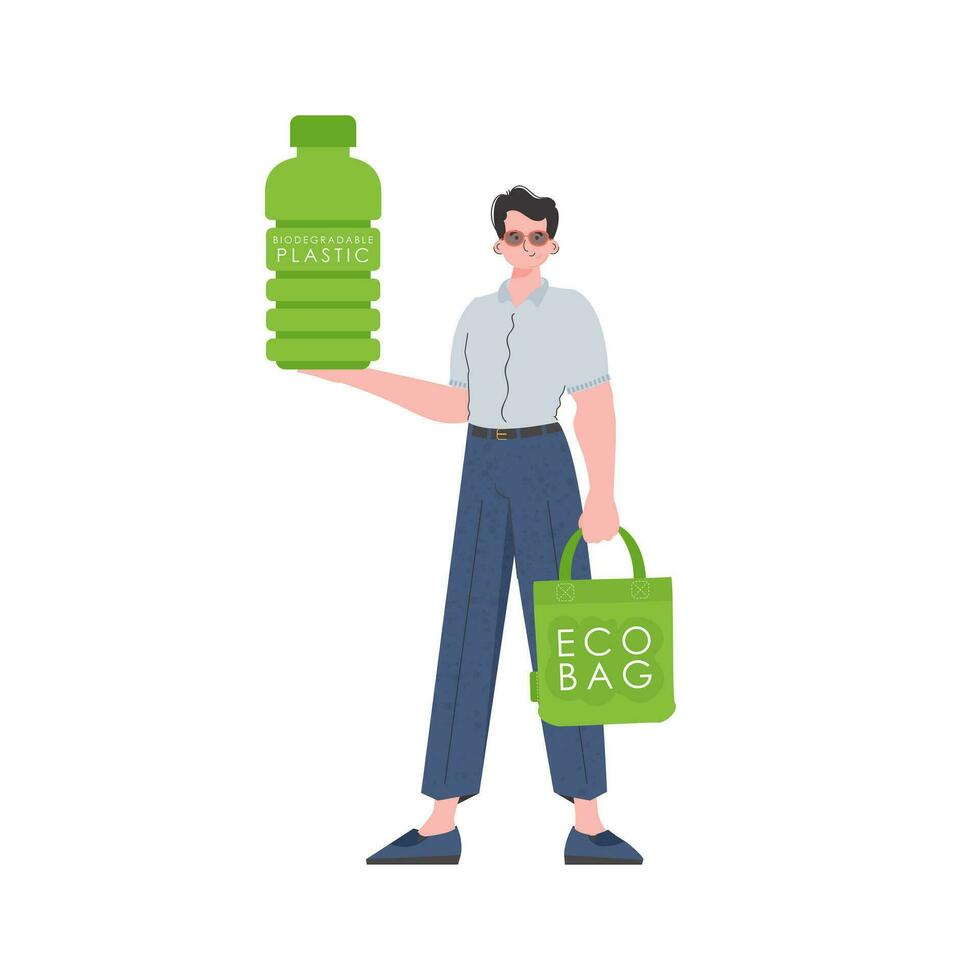 een Mens houdt een fles gemaakt van biologisch afbreekbaar plastic in zijn handen. de concept van ecologie en zorg voor de omgeving. geïsoleerd Aan wit achtergrond. mode neiging illustratie in vector. vector