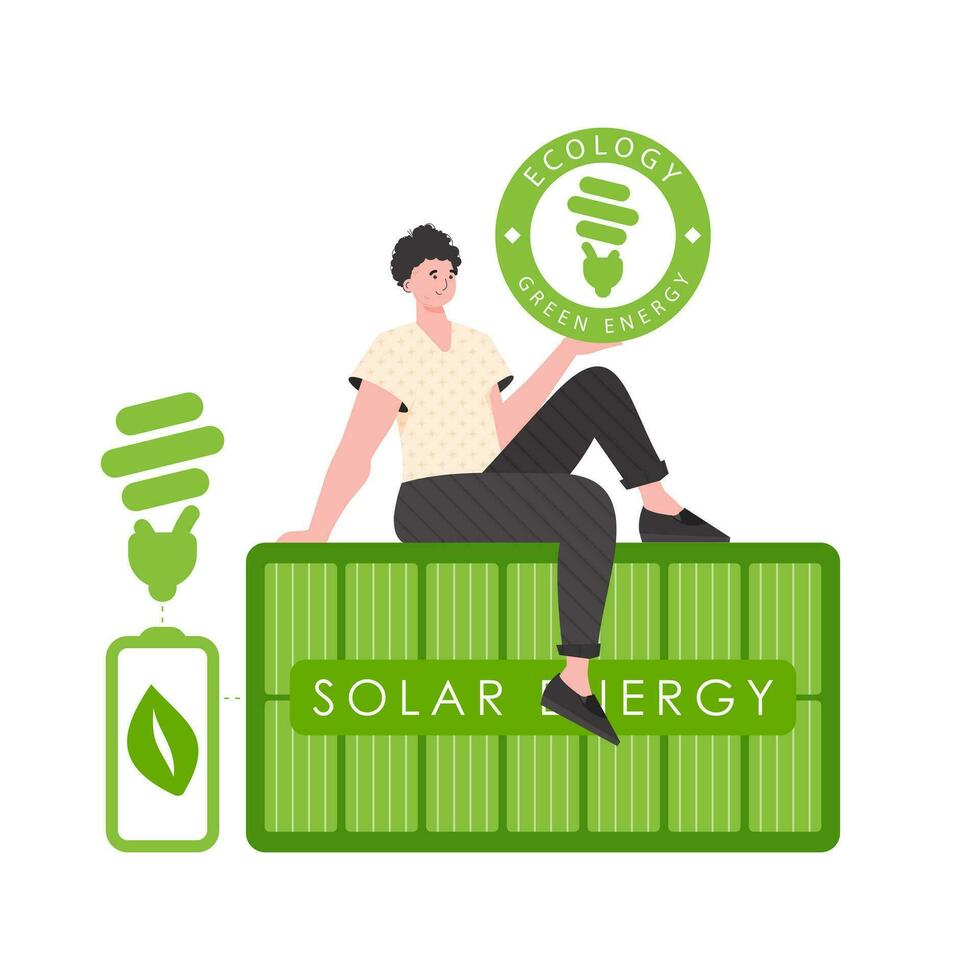 een Mens zit Aan een zonne- paneel en houdt de eco logo in zijn handen. de concept van ecologie en groen energie. geïsoleerd Aan wit achtergrond. vector neiging illustratie.