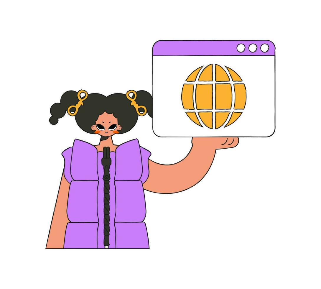 een helder en elegant illustratie van een vrouw Holding een browser venster in haar handen. materiaal voor leerzaam inhoud. vector