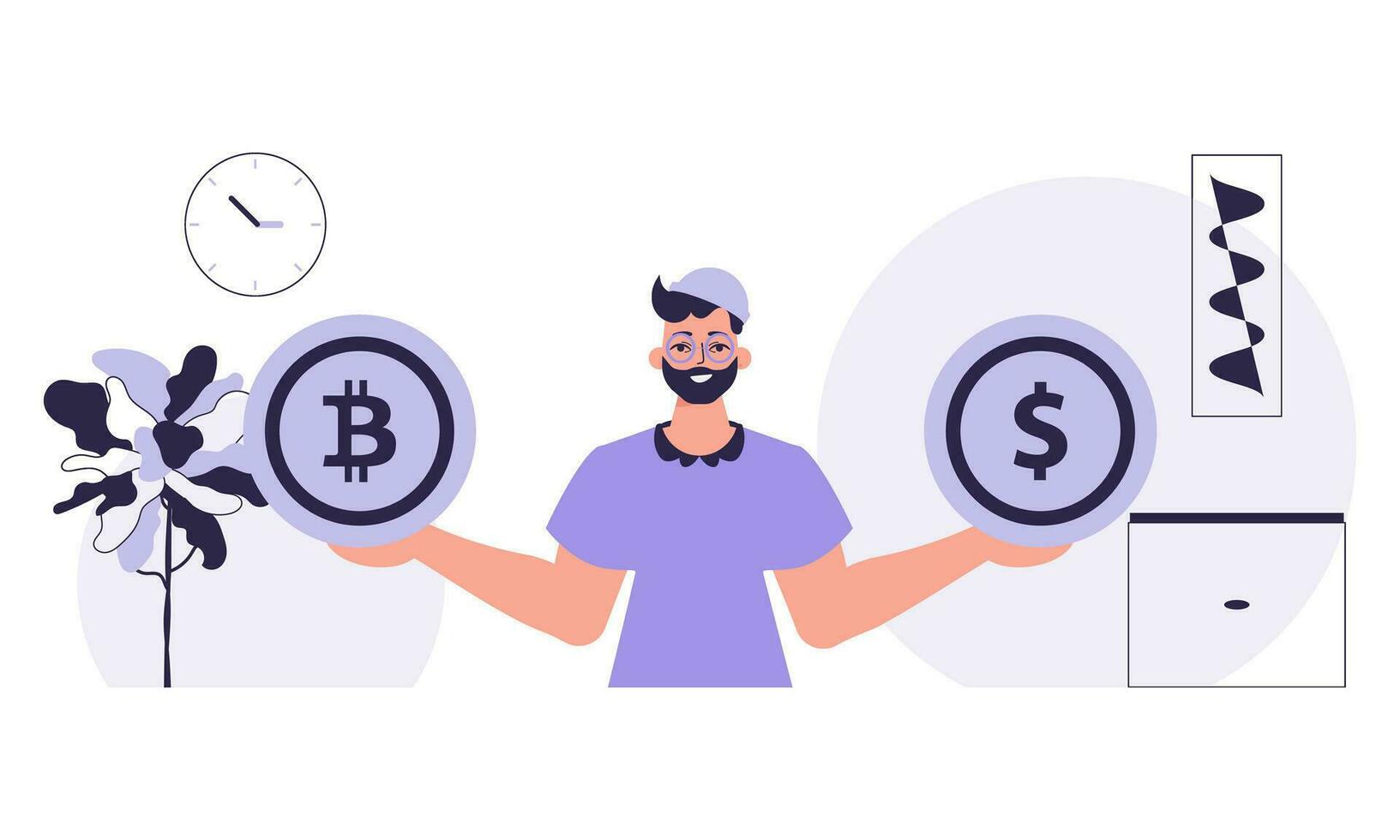 de concept van mijnbouw en extractie van bitcoins. een Mens houdt een bitcoin en een dollar in de het formulier van munten in zijn handen. karakter met een modern stijl. vector