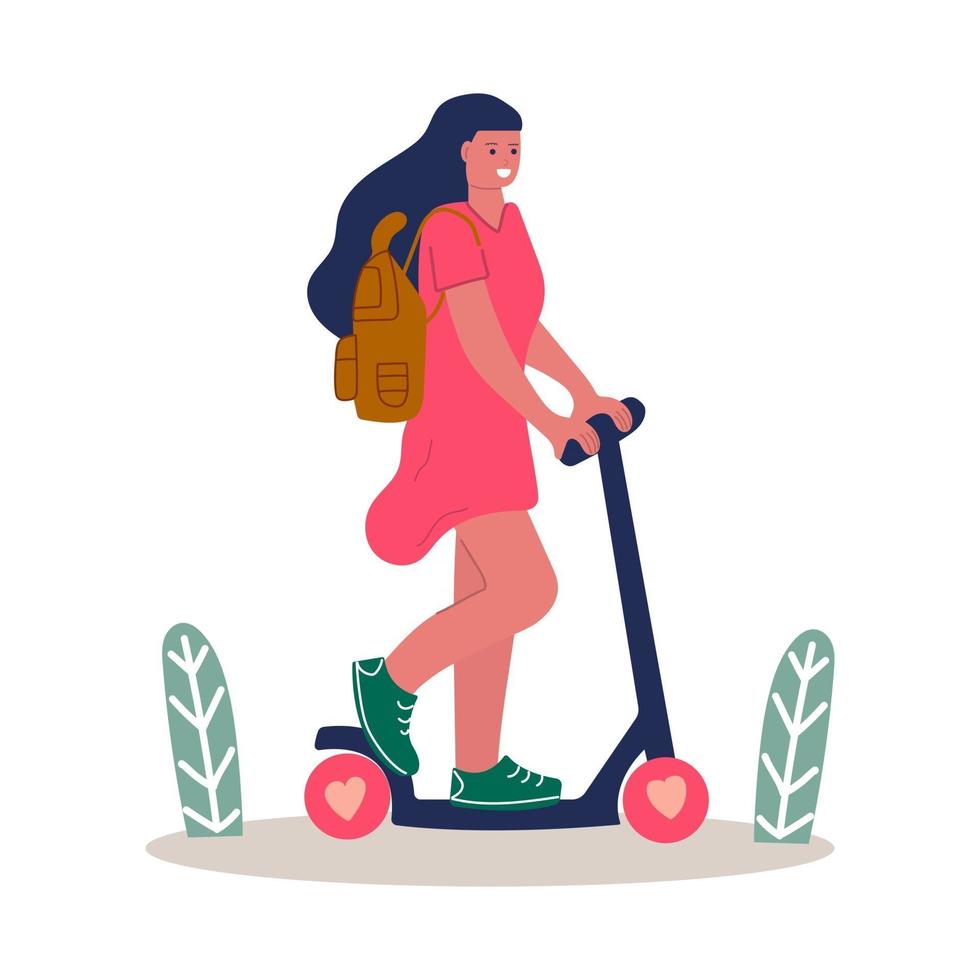 schattig meisje in roze jurk met rugzak rit scooter. zomertijd concept. vector