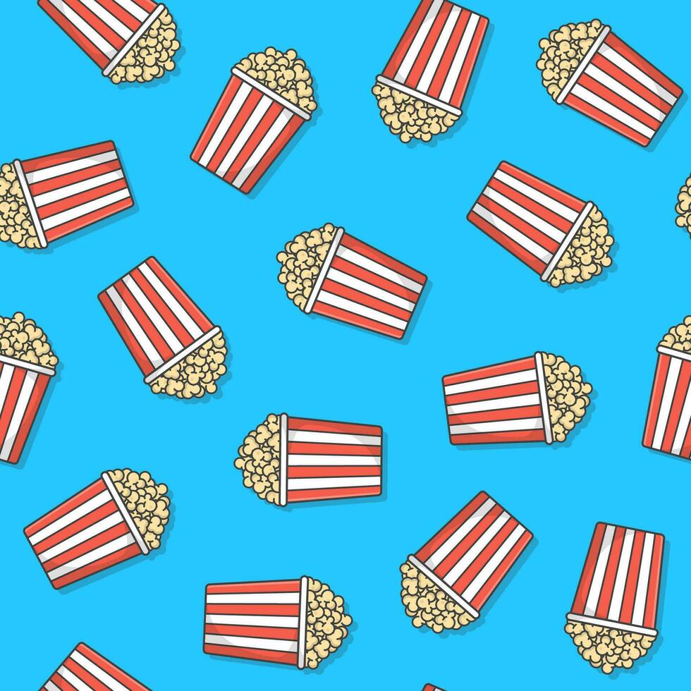 popcorn naadloos patroon Aan een blauw achtergrond. popcorn emmer dozen icoon illustratie vector