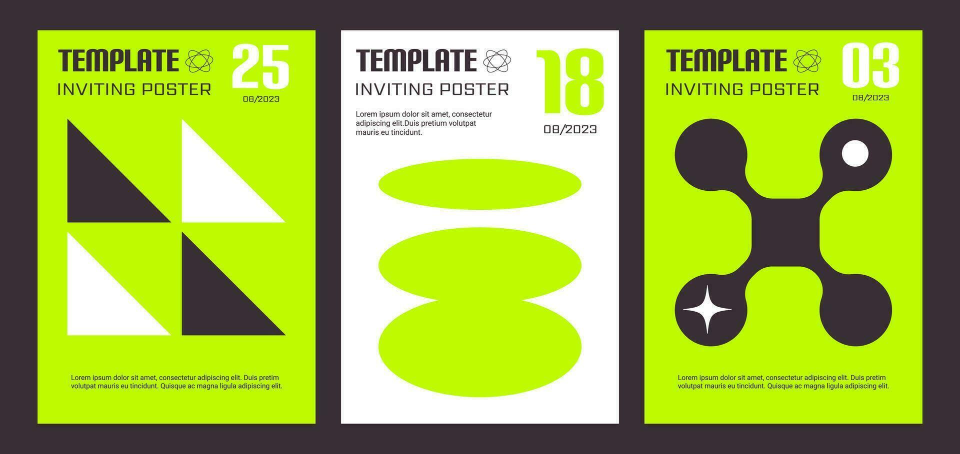 y2k brutalist stijl verticaal affiches, flyers Sjablonen neon kleur ontwerp. minimalistische futuristische Zwitsers bauhaus vormen Aan Hoes vector