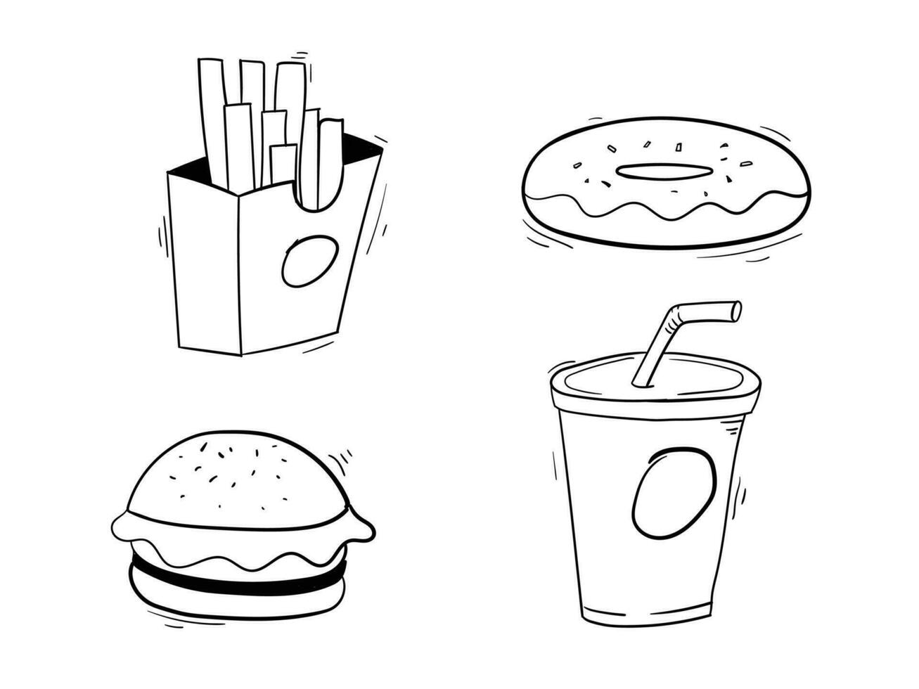snel voedsel pictogrammen set. hamburger, donut, Frans Patat, papier kop met drankje. hand- getrokken snel voedsel vector