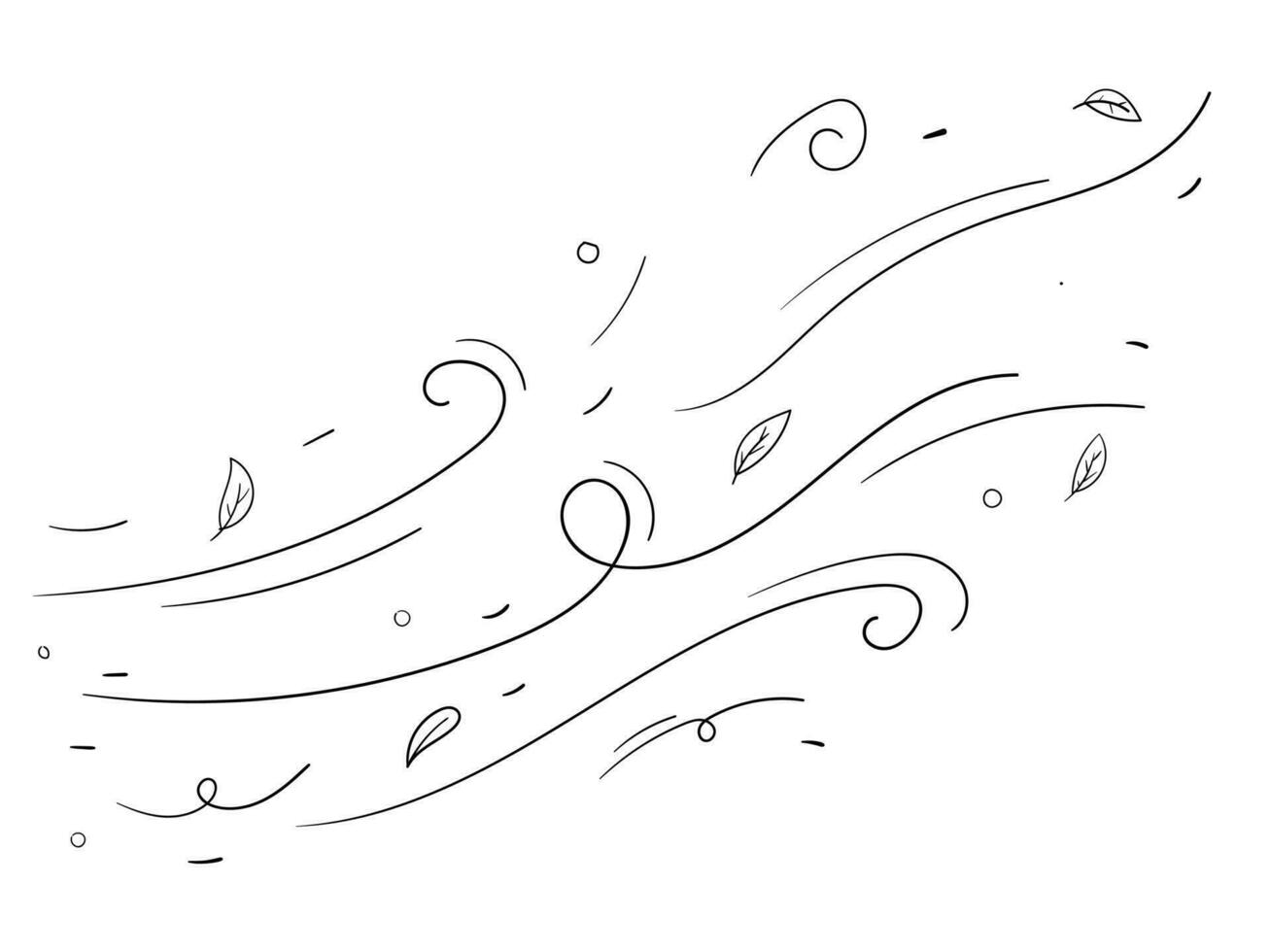 blad wind tekening. hand- getrokken tekening wind beweging, lucht blazen, blad vallend elementen vector