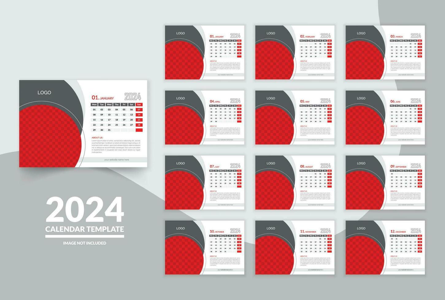 bureau kalender 2024 sjabloon vector en bureau kalender, rood Hoes ontwerp, reeks van 12 maanden, week begint maandag, briefpapier.