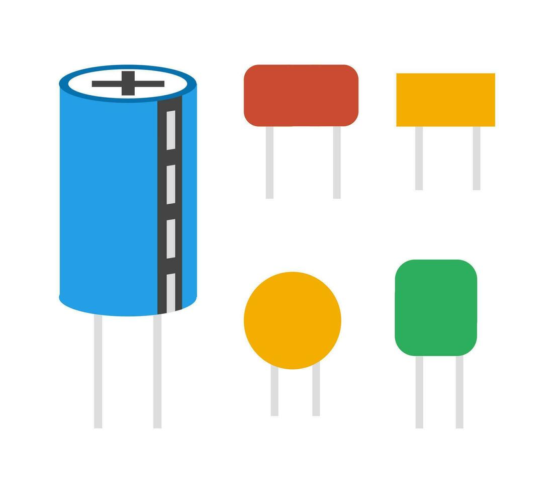 reeks van gekleurde elektrisch condensator componenten. vector illustratie Aan een wit achtergrond.