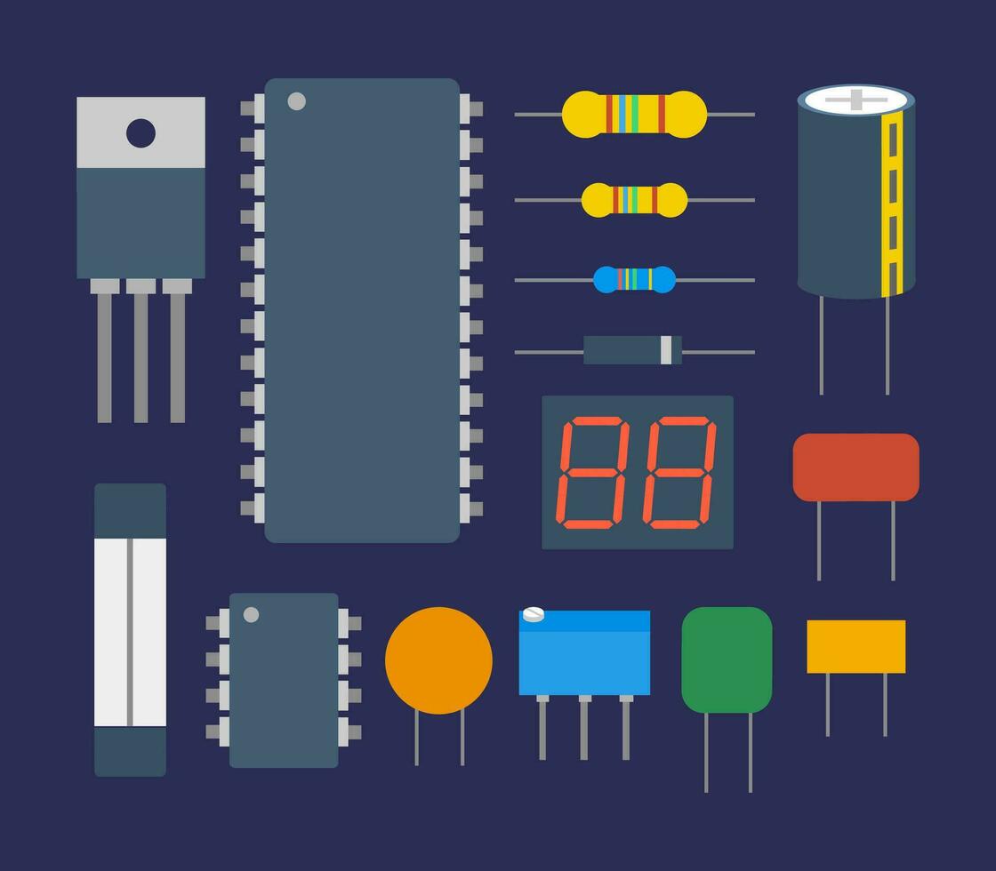 een vector illustratie presentatie van elektronisch componenten reeksen, omvattend microchips, condensatoren, weerstanden, zekeringen, en meer, Aan een donker achtergrond.