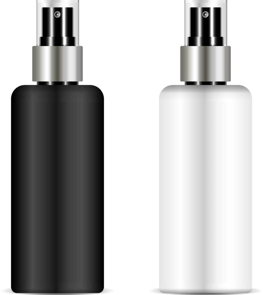 zwart en wit sproeier fles reeks met transparant deksel voor voor kunstmatig, parfum, deodorant, luchtverfrisser. realistisch vector illustratie geïsoleerd Aan achtergrond.