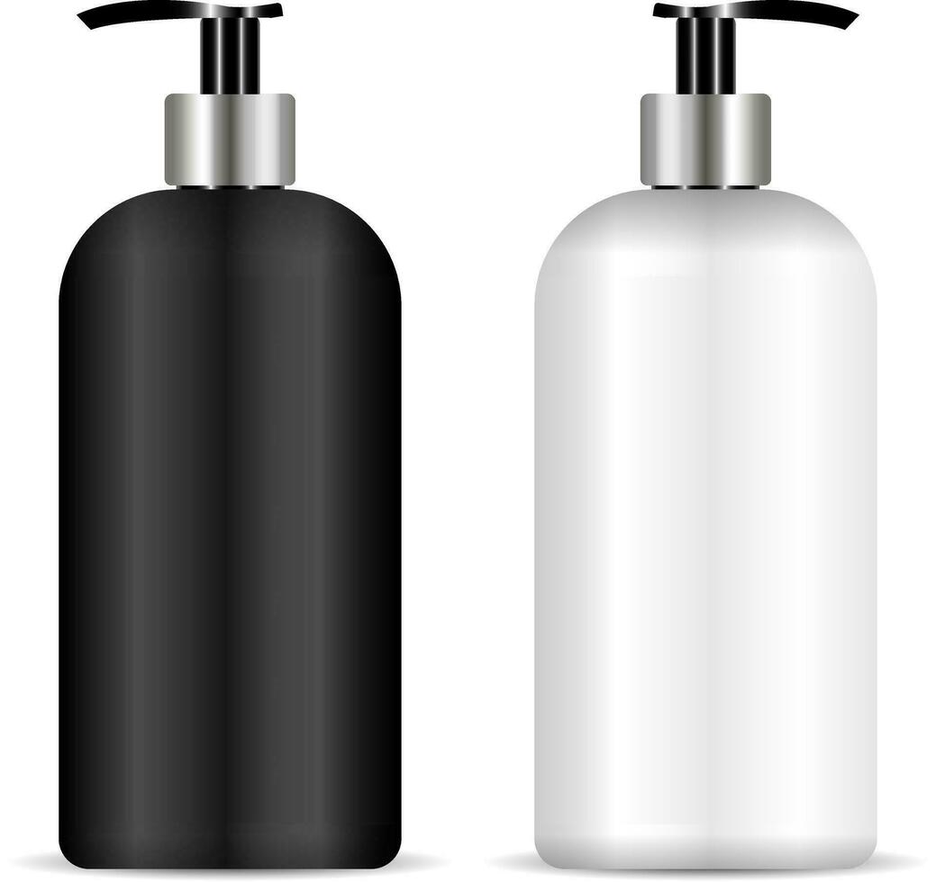 pomp flessen reeks realistisch eps10 vector illustratie. zwart en wit kleur. elite schoonheidsmiddelen pakket met dispenser voor vloeistof zeep, room, shampoo, olie gel.