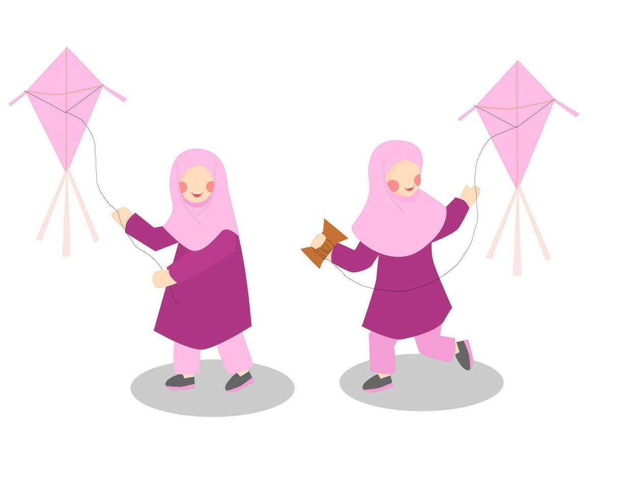 schattig hijab meisje spelen een vlieger illustratie vector