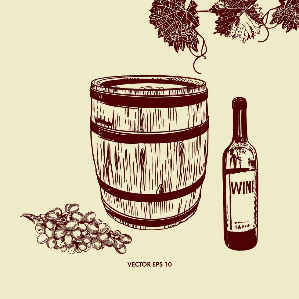 vat en fles van wijn, druiven, druif bladeren. vector illustratie in grafisch stijl. ontwerp element voor etiketten, spandoeken, flyers.