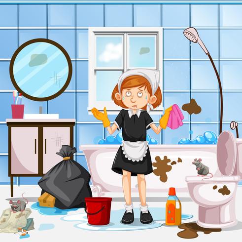 Een ongerust Maid Cleaning Toilet vector