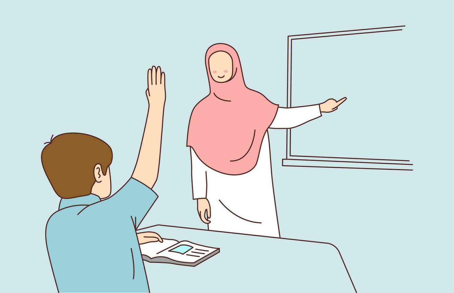 de leraar in de hijab vroeg de studenten. studenten verhogen hun handen naar antwoord vragen. illustratie van een leraar onderwijs vector