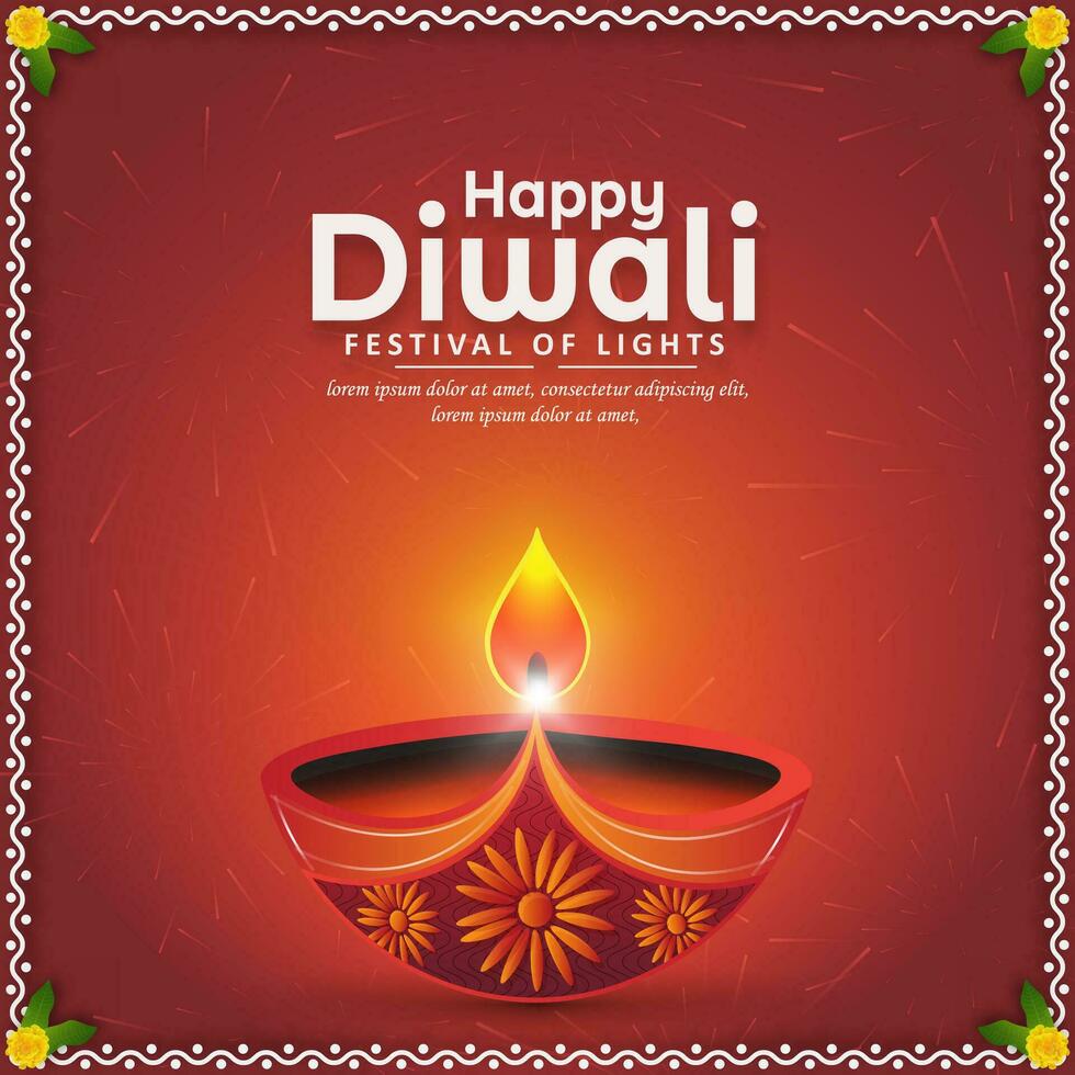 gelukkig diwali festival van lichten groet kaart ontwerp met diya olie lamp met vuurwerk Aan rood achtergrond. vector