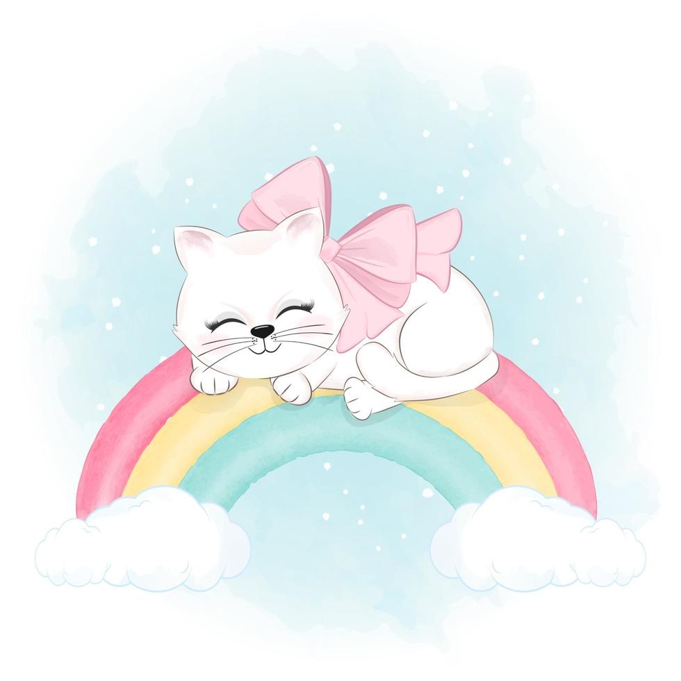 schattige kat slapen op de regenboog cartoon dierlijke aquarel illustratie vector