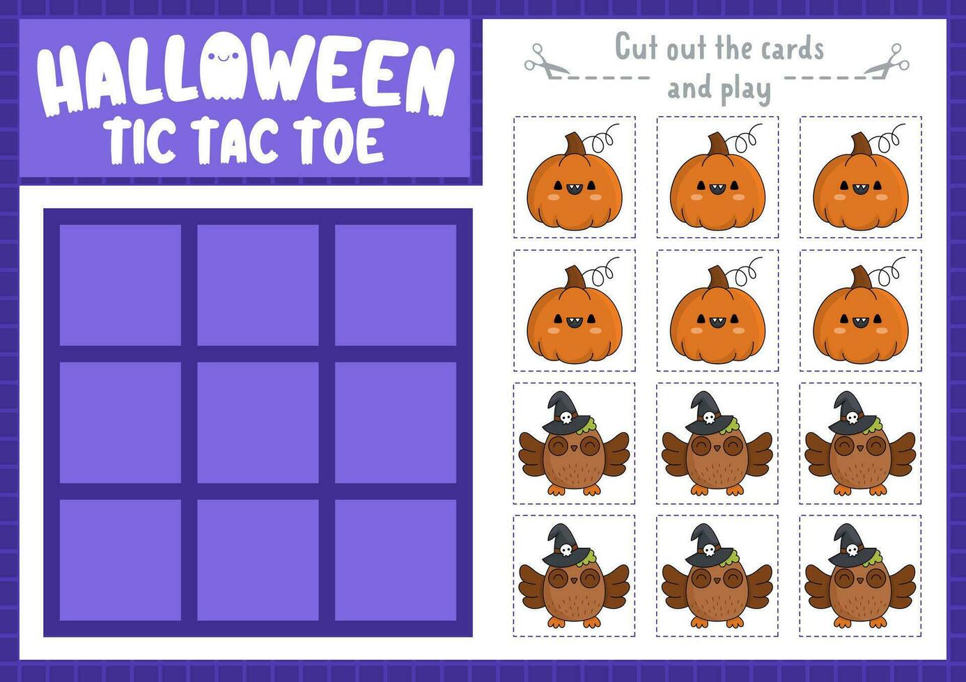 vector halloween tic tac teen tabel met pompoen en uil. samhain partij bord spel spelen veld- met schattig kawaii karakters. grappig herfst vakantie afdrukbare werkblad. nullen en kruisen rooster