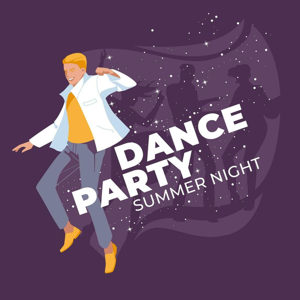 nacht club reclame ontwerp. een jong Mens is dansen. silhouetten van dansen mensen Aan de achtergrond van ruimte en planeten vector