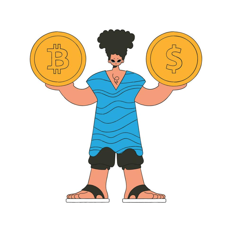 de vent is Holding bitcoin en dollar. rentro stijl karakter. vector